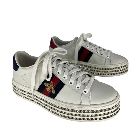 Gucci Ace Web Platform Crystal Embellished Leather Sneakers - Picture 4 of 16